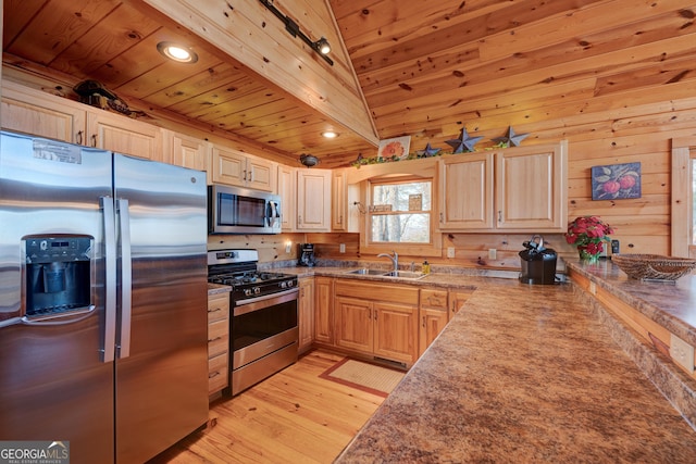 kitchen featuring appliances with stainless steel finishes, light brown cabinetry, sink, wooden ceiling, and light hardwood / wood-style floors