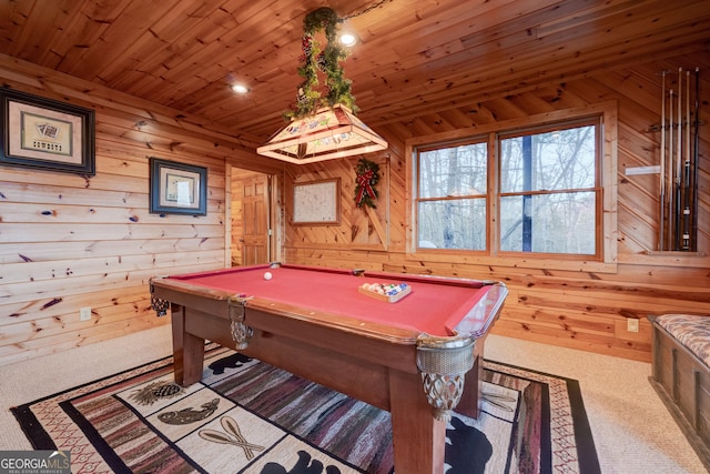 game room featuring wooden walls, light colored carpet, and billiards