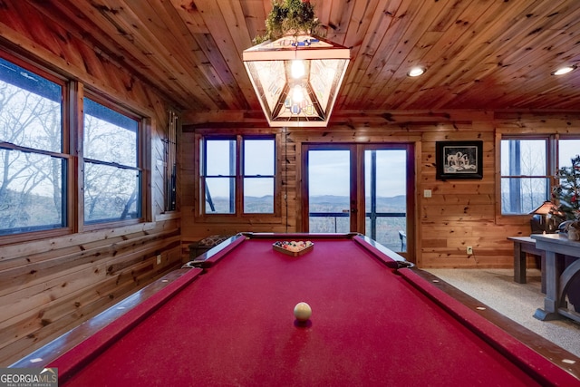 playroom with a wealth of natural light, wooden walls, carpet floors, and billiards