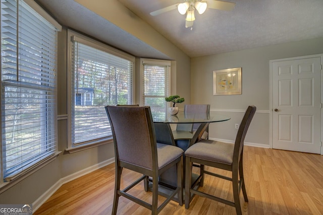 dining space featuring ceiling fan, light hardwood / wood-style floors, and a textured ceiling