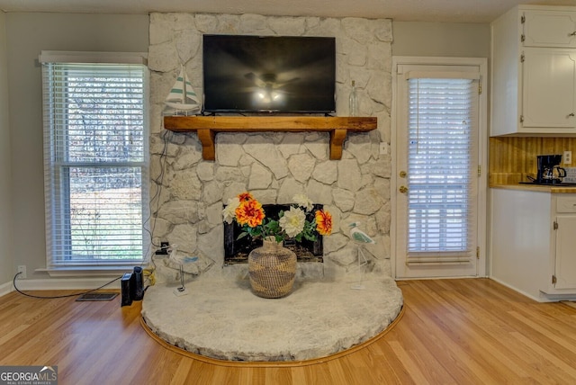 room details with a fireplace and hardwood / wood-style flooring