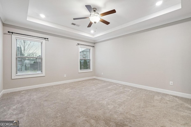 empty room featuring a raised ceiling, ceiling fan, and a healthy amount of sunlight