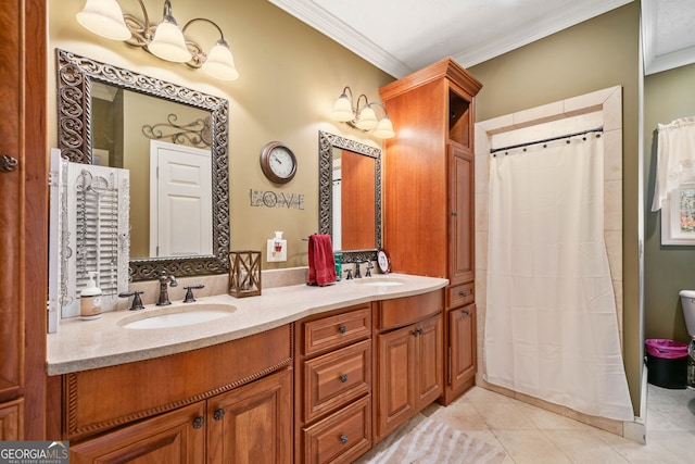 bathroom featuring a shower with shower curtain, vanity, tile patterned floors, and crown molding