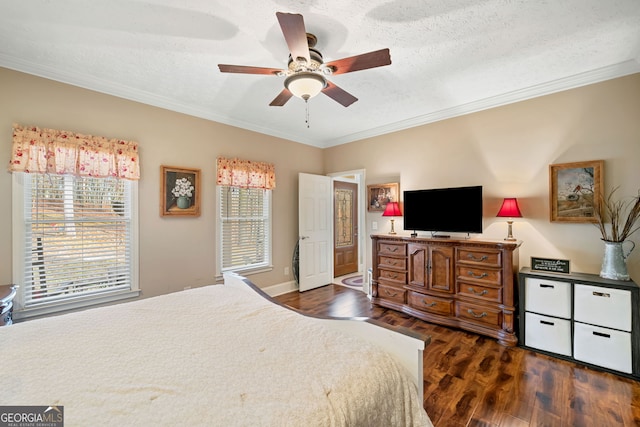 bedroom featuring ceiling fan, dark hardwood / wood-style flooring, a textured ceiling, and ornamental molding