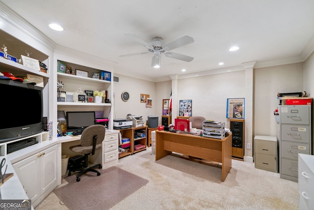 office area with crown molding, light colored carpet, a ceiling fan, and recessed lighting