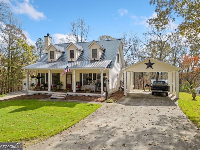 view of front of home with a front lawn, a porch, and a carport