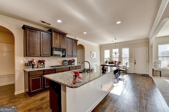 kitchen featuring an island with sink, dark hardwood / wood-style floors, a wealth of natural light, and sink