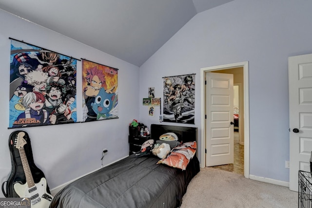 carpeted bedroom featuring vaulted ceiling