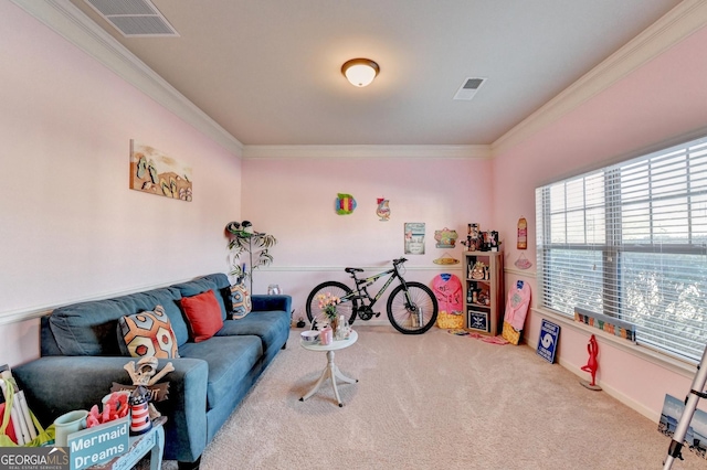 game room with carpet and crown molding