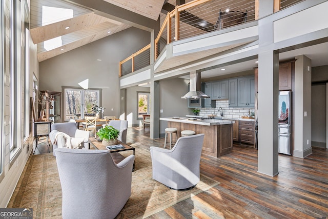 living room featuring sink, dark hardwood / wood-style floors, and a towering ceiling