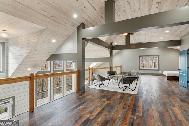 living room featuring high vaulted ceiling, dark hardwood / wood-style flooring, and wood ceiling