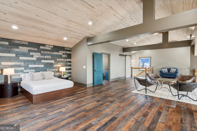 bedroom featuring dark hardwood / wood-style flooring, a barn door, lofted ceiling with beams, and wooden ceiling