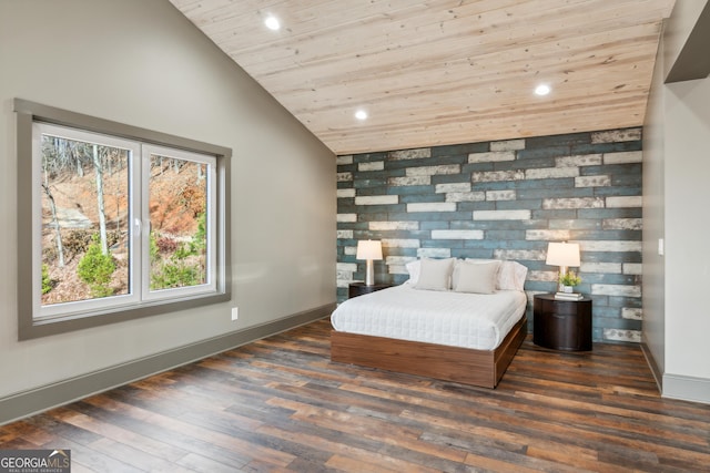 bedroom featuring lofted ceiling, dark hardwood / wood-style flooring, and wooden ceiling