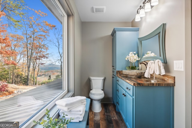 bathroom featuring sink, hardwood / wood-style floors, toilet, and a healthy amount of sunlight