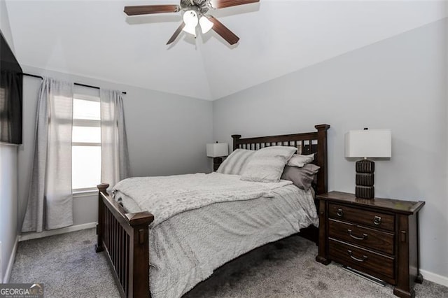 bedroom featuring light colored carpet, ceiling fan, and lofted ceiling