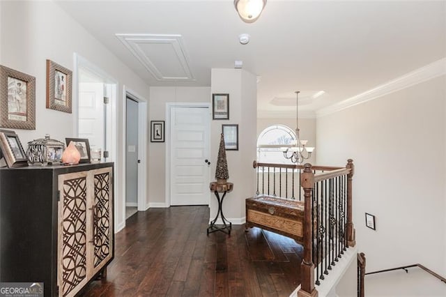 hallway featuring a chandelier, dark wood-type flooring, and ornamental molding