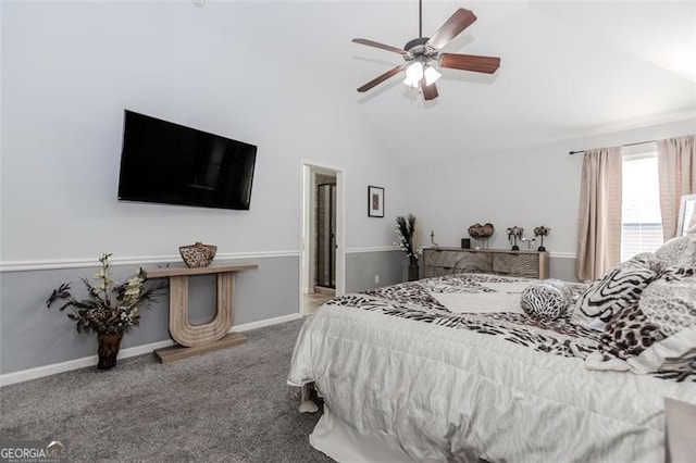 bedroom featuring carpet flooring, ceiling fan, and lofted ceiling