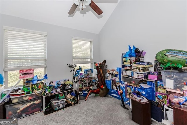 playroom with carpet, vaulted ceiling, and a wealth of natural light