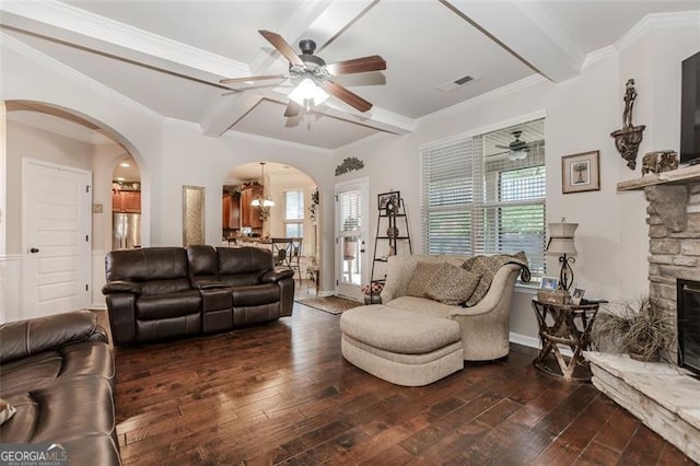 living room with dark hardwood / wood-style flooring, a fireplace, and a healthy amount of sunlight