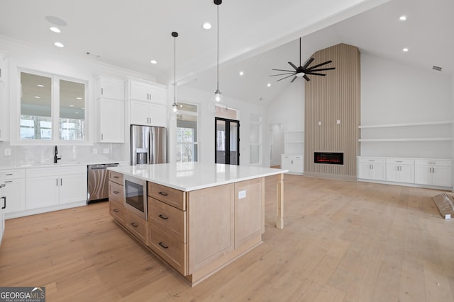 kitchen featuring stainless steel appliances, a fireplace, a sink, and light wood finished floors