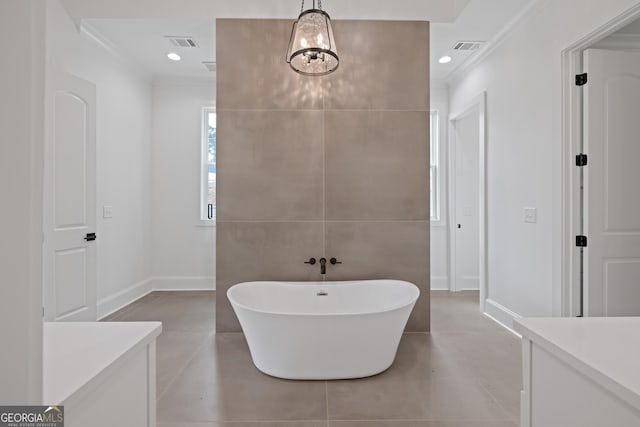 full bathroom with a soaking tub, recessed lighting, visible vents, and vanity