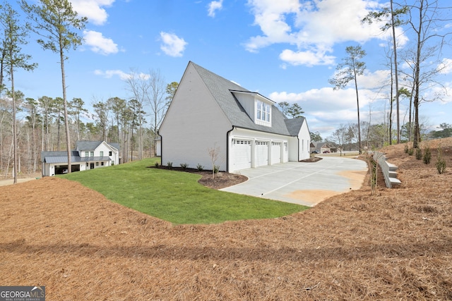 view of home's exterior featuring driveway, a lawn, and roof with shingles