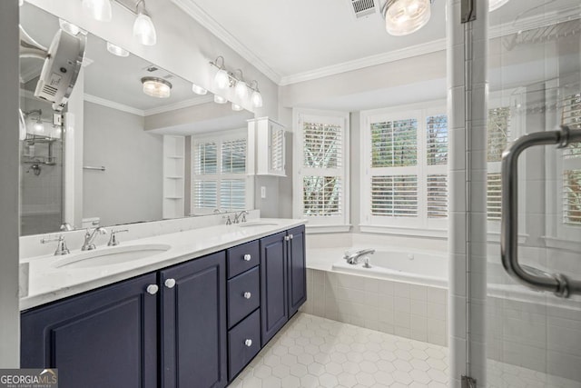 bathroom with tile patterned floors, vanity, independent shower and bath, and crown molding