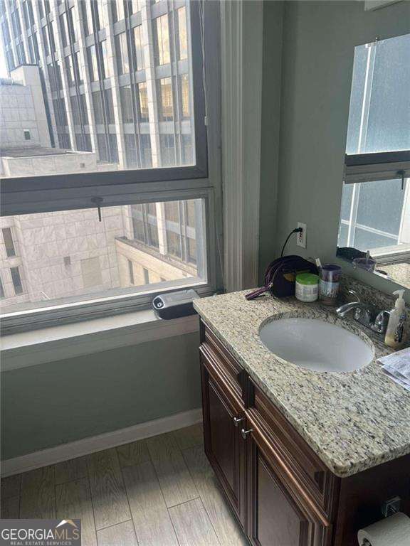 bathroom featuring wood-type flooring and vanity