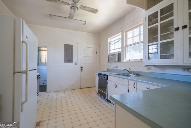 kitchen featuring dishwasher, white cabinets, sink, ceiling fan, and white fridge