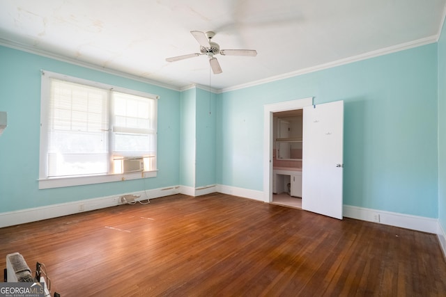 spare room with cooling unit, crown molding, ceiling fan, and dark wood-type flooring