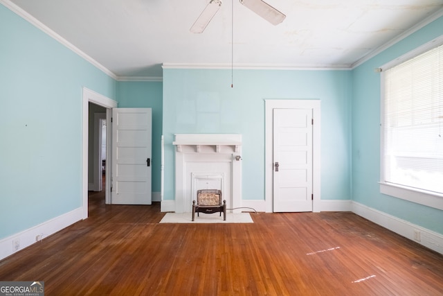 unfurnished living room with dark hardwood / wood-style floors, ceiling fan, and ornamental molding