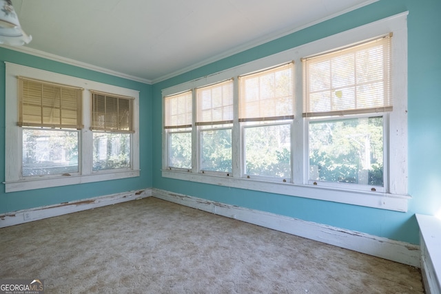 spare room featuring carpet flooring, plenty of natural light, and ornamental molding