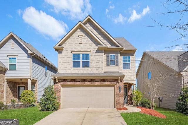 craftsman-style home featuring driveway, brick siding, an attached garage, and a front yard