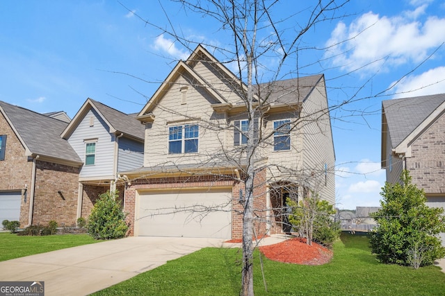 view of front of property featuring driveway, an attached garage, a front yard, and brick siding