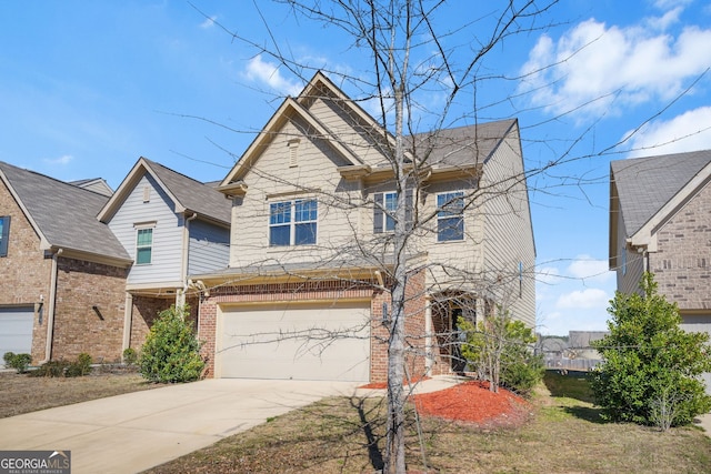 view of front of home with an attached garage, concrete driveway, and brick siding