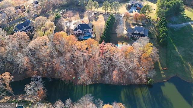 drone / aerial view featuring a water view