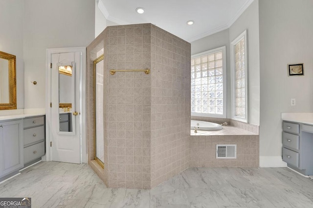 bathroom featuring vanity, independent shower and bath, and ornamental molding