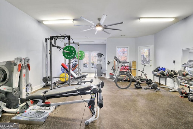 workout area featuring ceiling fan