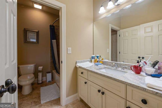 full bathroom with shower / bath combination with curtain, vanity, toilet, and tile patterned floors