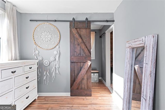 interior space featuring a barn door and light hardwood / wood-style floors