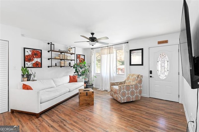 living room with ceiling fan and wood-type flooring