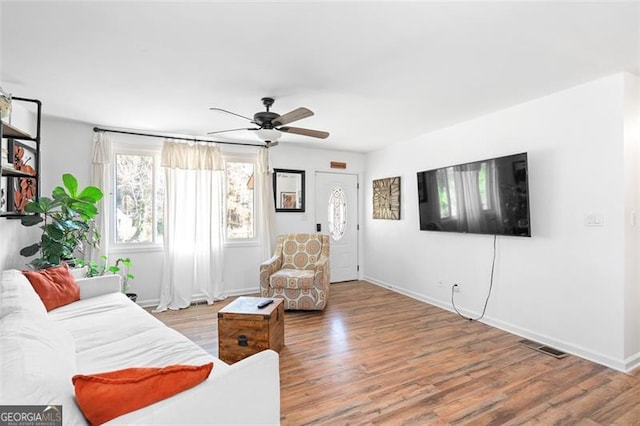 living room featuring ceiling fan and wood-type flooring