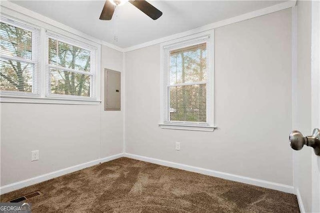 empty room with carpet, electric panel, ceiling fan, and ornamental molding