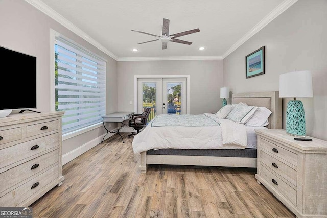 bedroom featuring access to exterior, french doors, ceiling fan, crown molding, and wood-type flooring