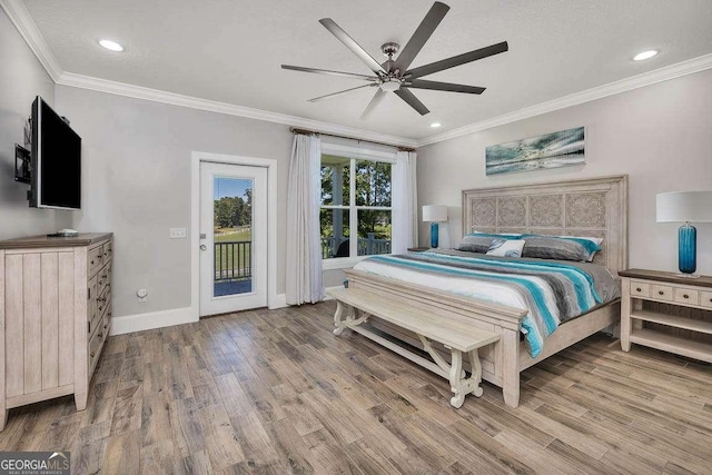 bedroom with access to outside, ceiling fan, ornamental molding, and hardwood / wood-style flooring