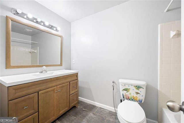 full bathroom with vanity,  shower combination, and toilet