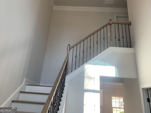 stairway featuring crown molding