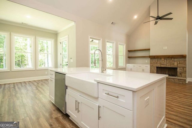 kitchen featuring white cabinets, sink, stainless steel dishwasher, a fireplace, and wood-type flooring