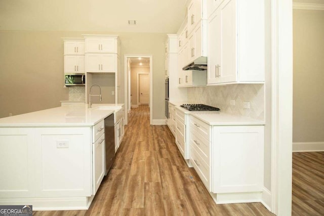 kitchen with white cabinetry, sink, stainless steel appliances, decorative backsplash, and a kitchen island with sink