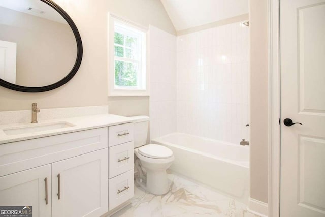 full bathroom with bathing tub / shower combination, vanity, lofted ceiling, and toilet